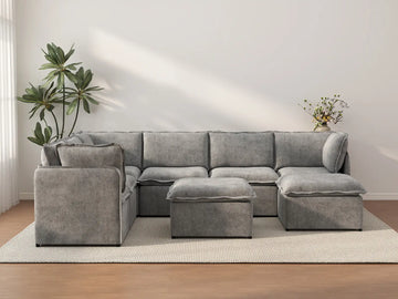 Deluxe Cloud 6-Seater Grey Open Space Sofa Set | 8-Piece (Includes 2 Ottomans), Linen Look Poly Fabric, Easy To Clean