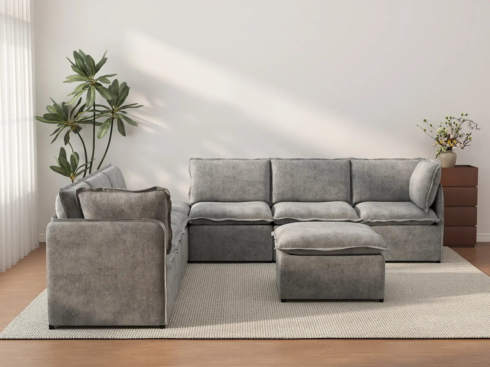 Deluxe Cloud 6-Seater Grey Open Space Sofa Set | 8-Piece (Includes 2 Ottomans), Linen Look Poly Fabric, Easy To Clean