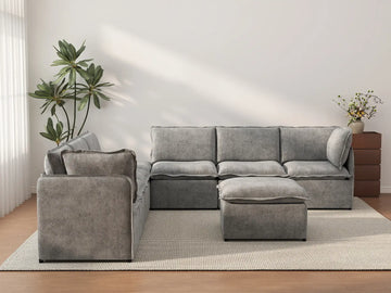 Deluxe Cloud 6-Seater Grey Open Space Sofa Set | 8-Piece (Includes 2 Ottomans), Linen Look Poly Fabric, Easy To Clean