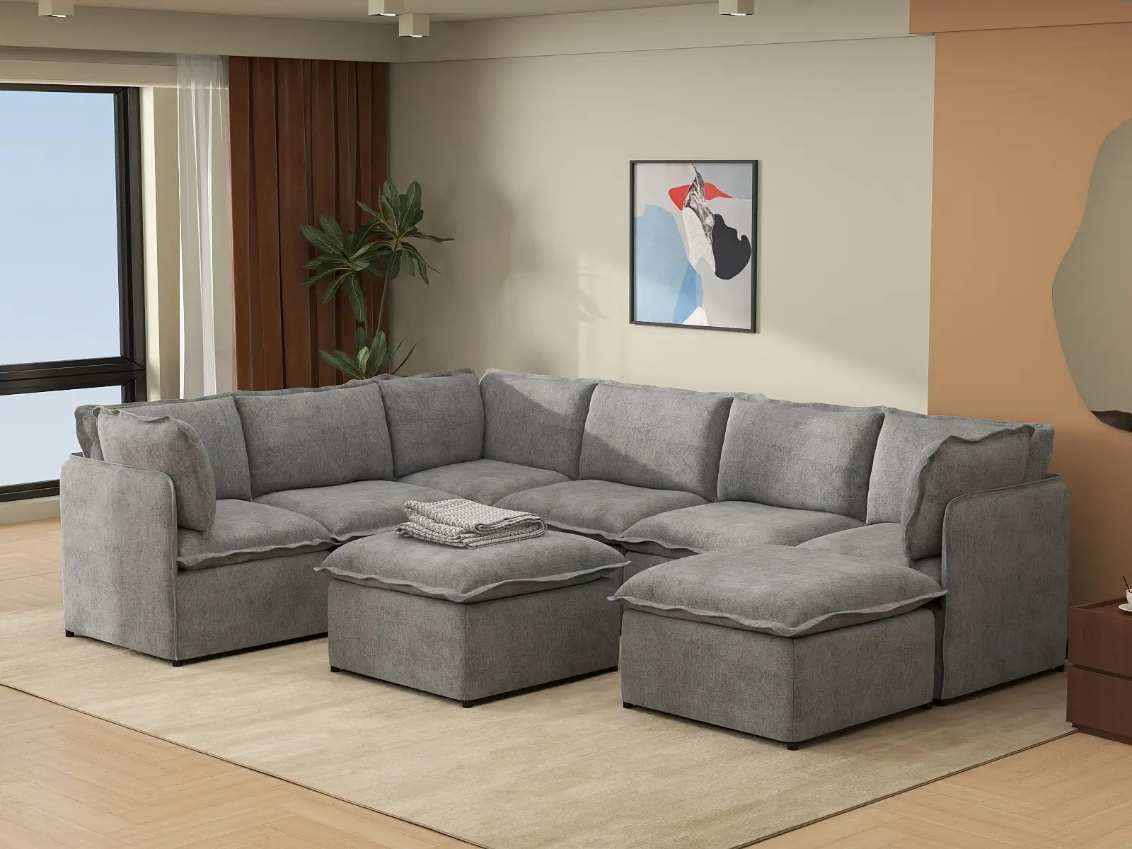 Deluxe Cloud 6-Seater Grey Open Space Sofa Set | 8-Piece (Includes 2 Ottomans), Linen Look Poly Fabric, Easy To Clean