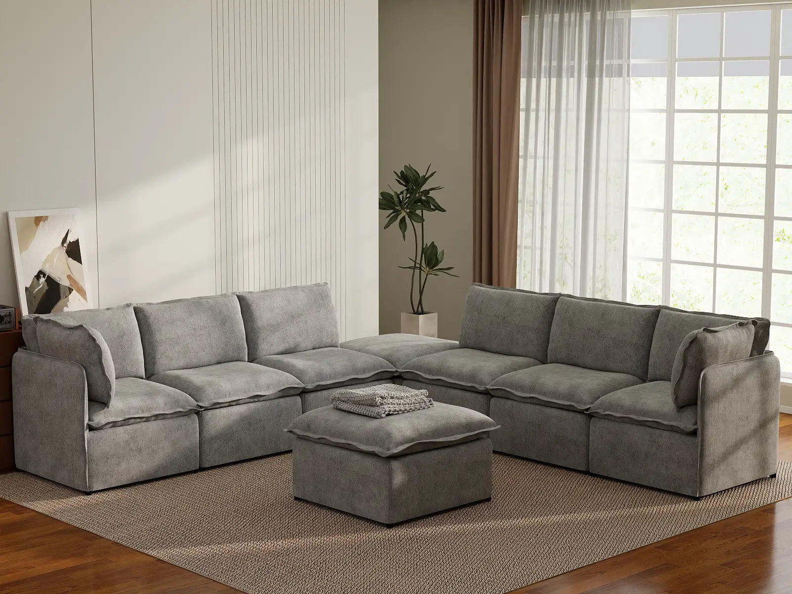 Deluxe Cloud 6-Seater Grey Open Space Sofa Set | 8-Piece (Includes 2 Ottomans), Linen Look Poly Fabric, Easy To Clean