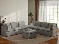 Deluxe Cloud 6-Seater Grey Open Space Sofa Set | 8-Piece (Includes 2 Ottomans), Linen Look Poly Fabric, Easy To Clean