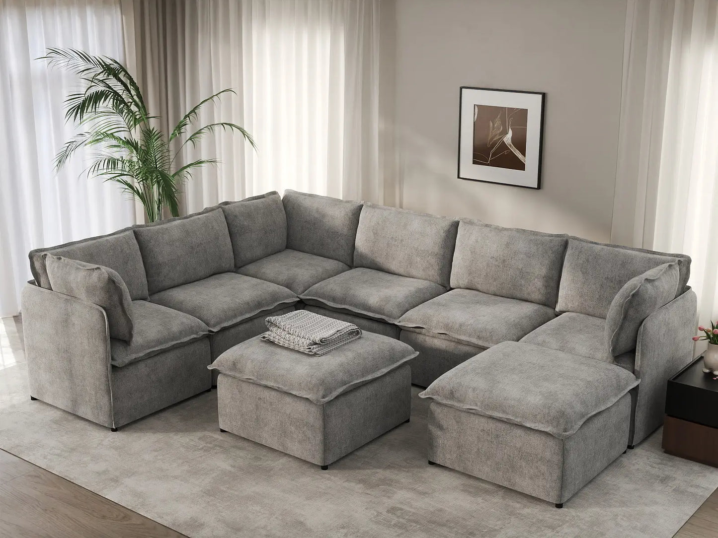 Deluxe Cloud 6-Seater Grey Open Space Sofa Set | 8-Piece (Includes 2 Ottomans), Linen Look Poly Fabric, Easy To Clean
