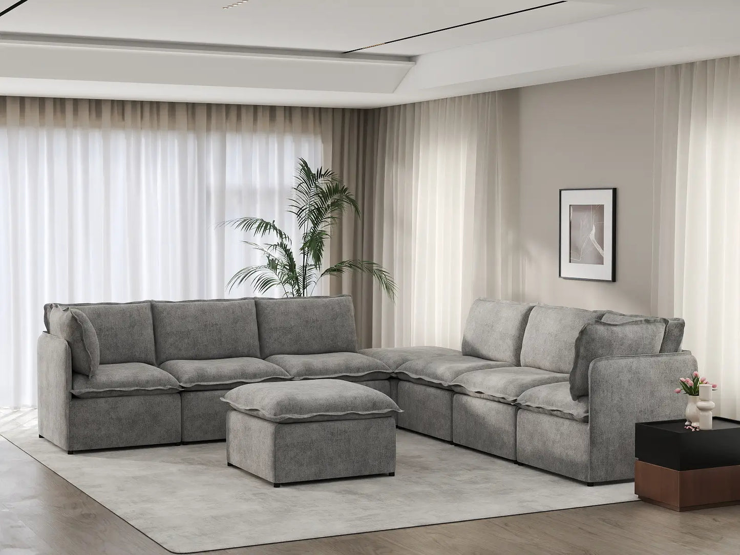 Deluxe Cloud 6-Seater Grey Open Space Sofa Set | 8-Piece (Includes 2 Ottomans), Linen Look Poly Fabric, Easy To Clean