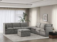Deluxe Cloud 6-Seater Grey Open Space Sofa Set | 8-Piece (Includes 2 Ottomans), Linen Look Poly Fabric, Easy To Clean