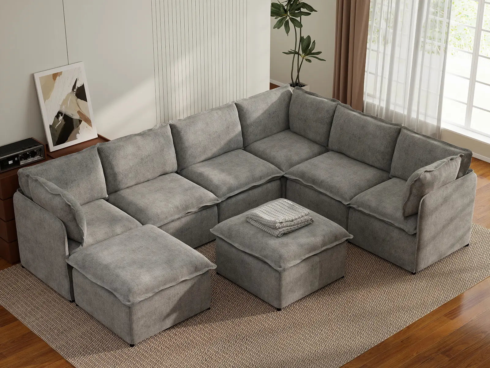 Deluxe Cloud 6-Seater Grey Open Space Sofa Set | 8-Piece (Includes 2 Ottomans), Linen Look Poly Fabric, Easy To Clean