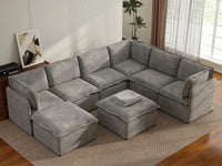 Deluxe Cloud 6-Seater Grey Open Space Sofa Set | 8-Piece (Includes 2 Ottomans), Linen Look Poly Fabric, Easy To Clean