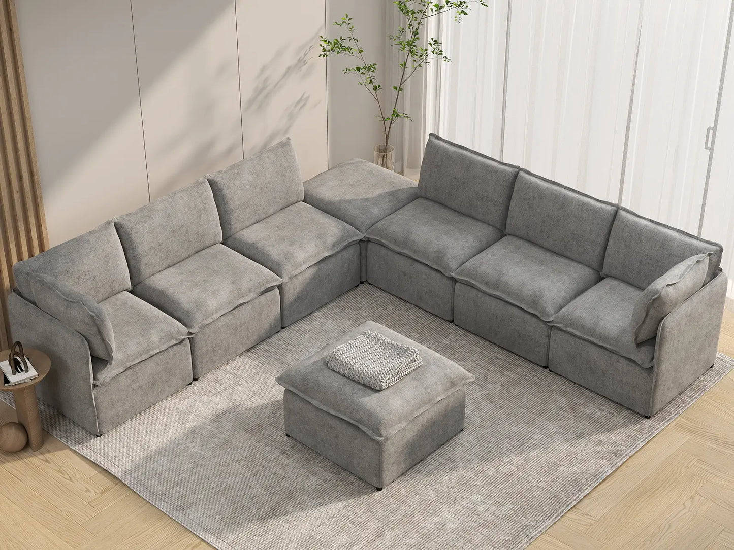 Deluxe Cloud 6-Seater Grey Open Space Sofa Set | 8-Piece (Includes 2 Ottomans), Linen Look Poly Fabric, Easy To Clean