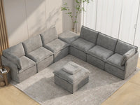 Deluxe Cloud 6-Seater Grey Open Space Sofa Set | 8-Piece (Includes 2 Ottomans), Linen Look Poly Fabric, Easy To Clean