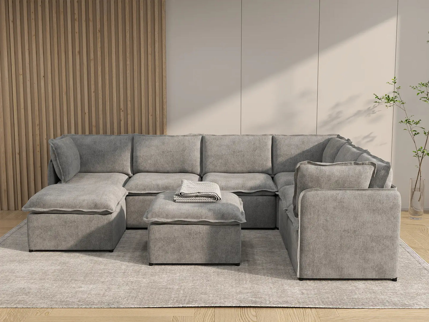 Deluxe Cloud 6-Seater Grey Open Space Sofa Set | 8-Piece (Includes 2 Ottomans), Linen Look Poly Fabric, Easy To Clean