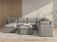 Deluxe Cloud 6-Seater Grey Open Space Sofa Set | 8-Piece (Includes 2 Ottomans), Linen Look Poly Fabric, Easy To Clean