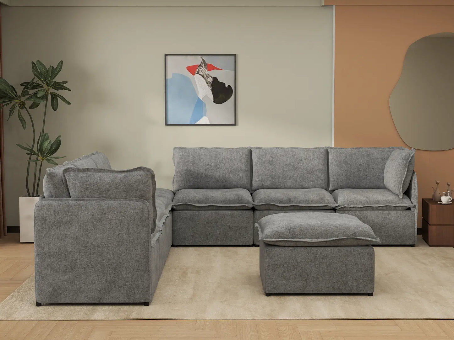 Deluxe Cloud 6-Seater Grey Open Space Sofa Set | 8-Piece (Includes 2 Ottomans), Linen Look Poly Fabric, Easy To Clean