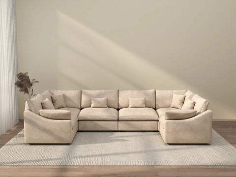 Deluxe Cloud 6-Seater Khaki Large Space Pit Sectional | 6-Piece, Chenille And Linen Fabric, Easy To Clean