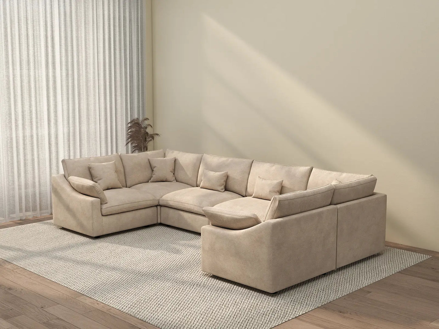Deluxe Cloud 6-Seater Khaki Large Space Pit Sectional | 6-Piece, Chenille And Linen Fabric, Easy To Clean