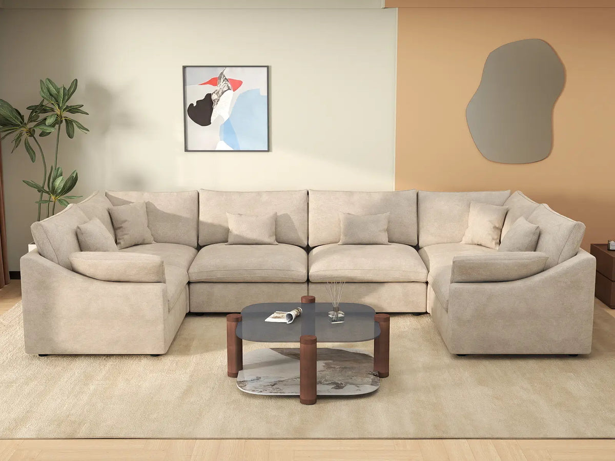 Deluxe Cloud 6-Seater Khaki Large Space Pit Sectional | 6-Piece, Chenille And Linen Fabric, Easy To Clean
