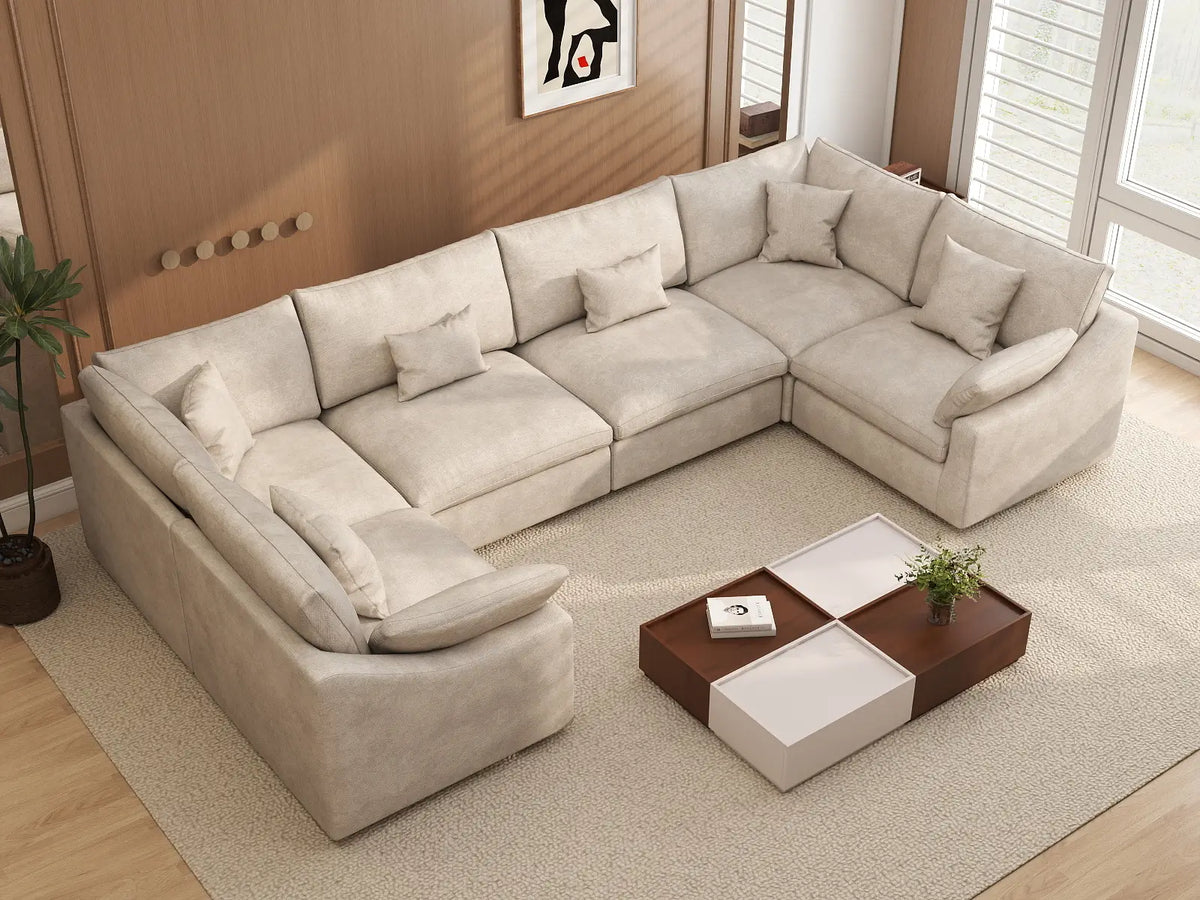 Deluxe Cloud 6-Seater Khaki Large Space Pit Sectional | 6-Piece, Chenille And Linen Fabric, Easy To Clean