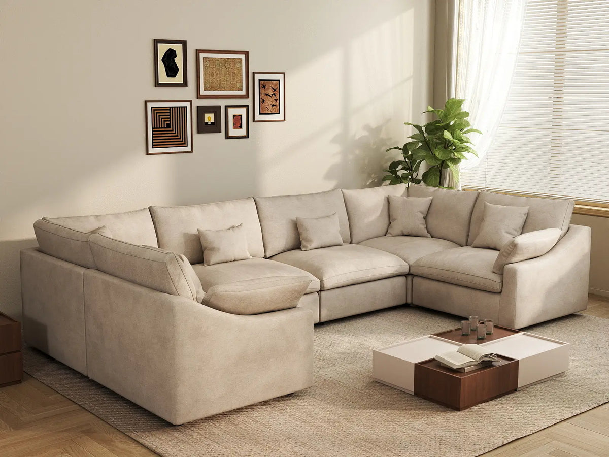 Deluxe Cloud 6-Seater Khaki Large Space Pit Sectional | 6-Piece, Chenille And Linen Fabric, Easy To Clean
