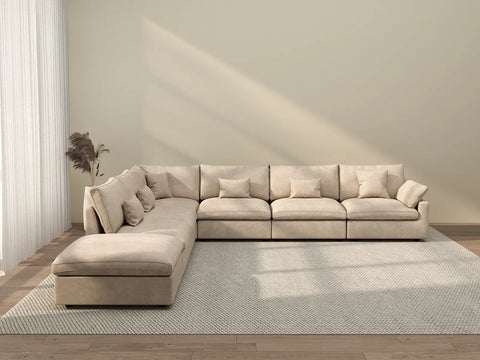 Deluxe Cloud 6-Seater Khaki Large Space Pit Sectional | 7-Piece (Includes 1 Ottoman), Chenille And Linen Fabric, Easy To Clean