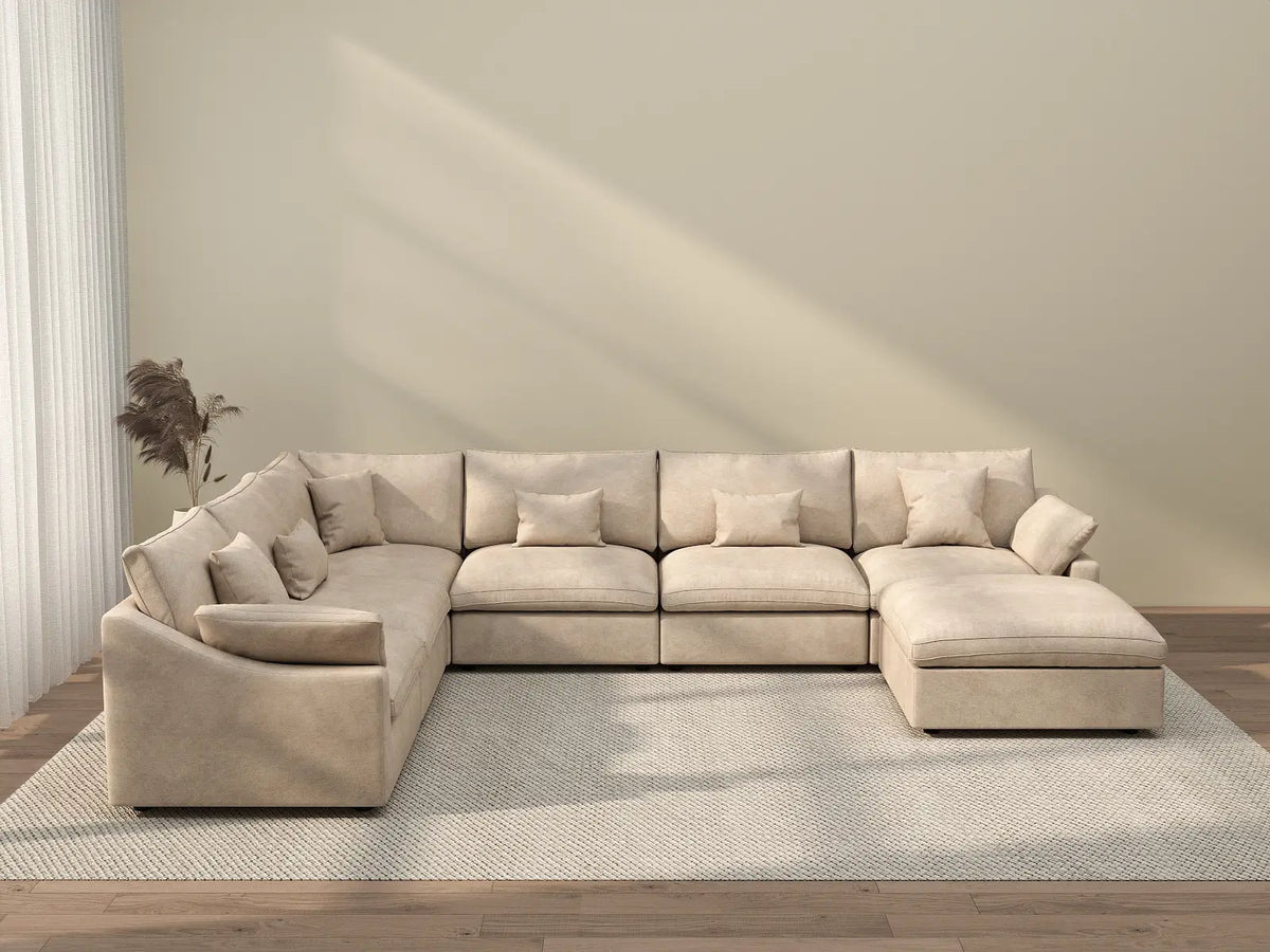 Deluxe Cloud 6-Seater Khaki Large Space Pit Sectional | 7-Piece (Includes 1 Ottoman), Chenille And Linen Fabric, Easy To Clean