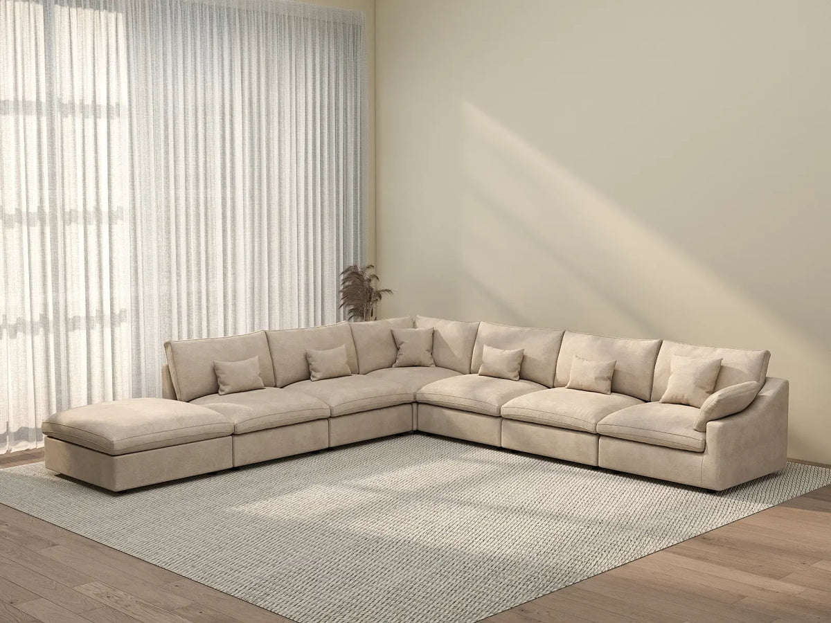 Deluxe Cloud 6-Seater Khaki Large Space Pit Sectional | 7-Piece (Includes 1 Ottoman), Chenille And Linen Fabric, Easy To Clean