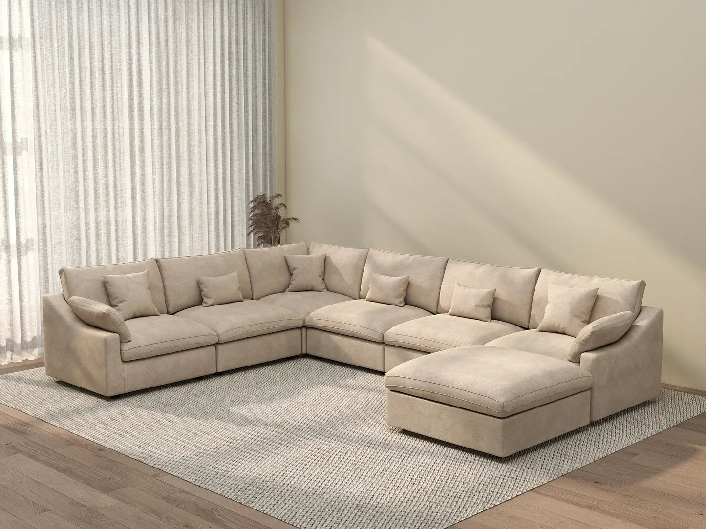 Deluxe Cloud 6-Seater Khaki Large Space Pit Sectional | 7-Piece (Includes 1 Ottoman), Chenille And Linen Fabric, Easy To Clean
