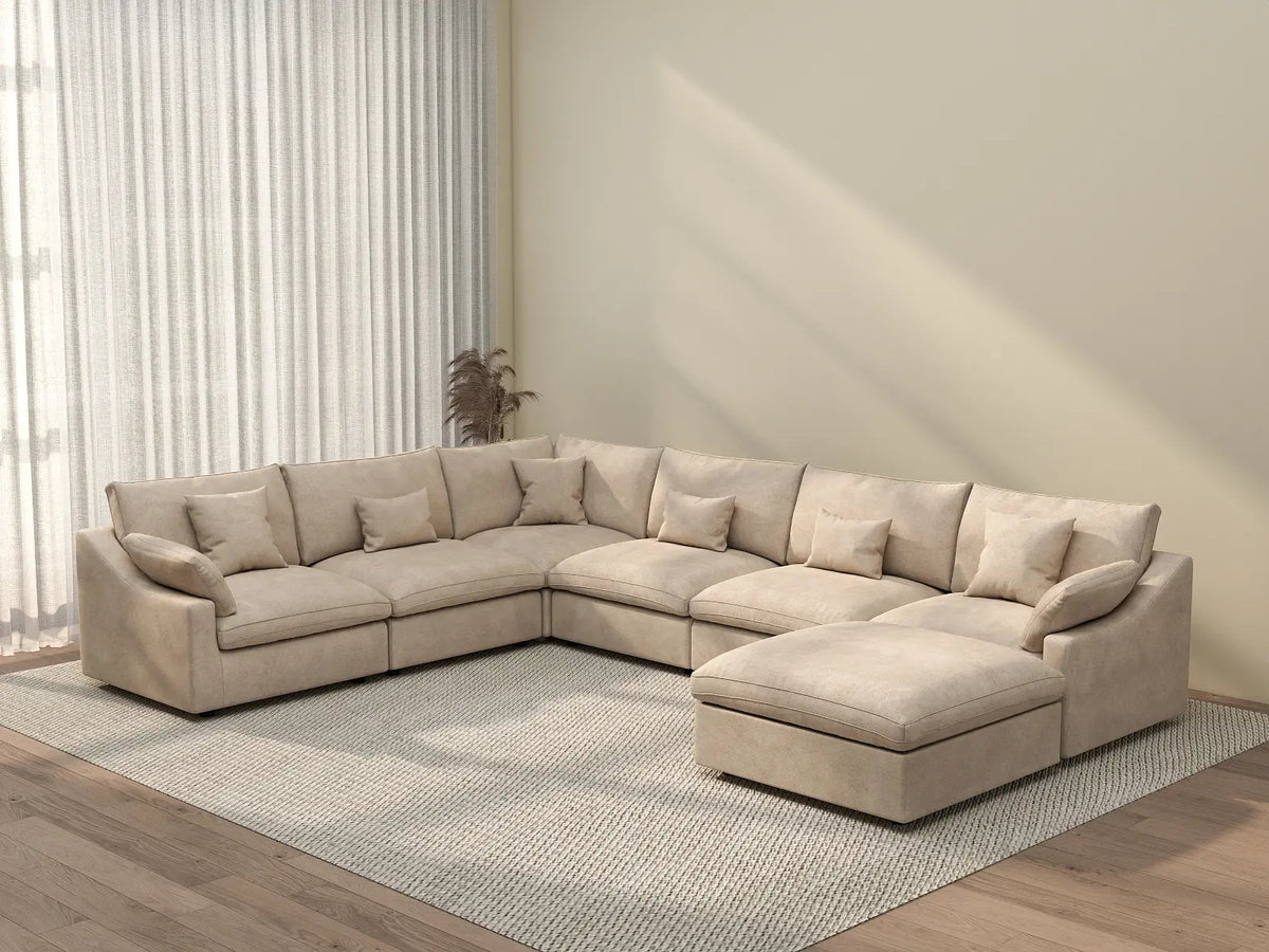 Deluxe Cloud 6-Seater Khaki Large Space Pit Sectional | 7-Piece (Includes 1 Ottoman), Chenille And Linen Fabric, Easy To Clean