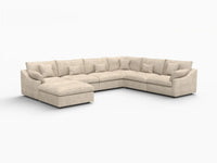 Deluxe Cloud 6-Seater Khaki Large Space Pit Sectional | 7-Piece (Includes 1 Ottoman), Chenille And Linen Fabric, Easy To Clean