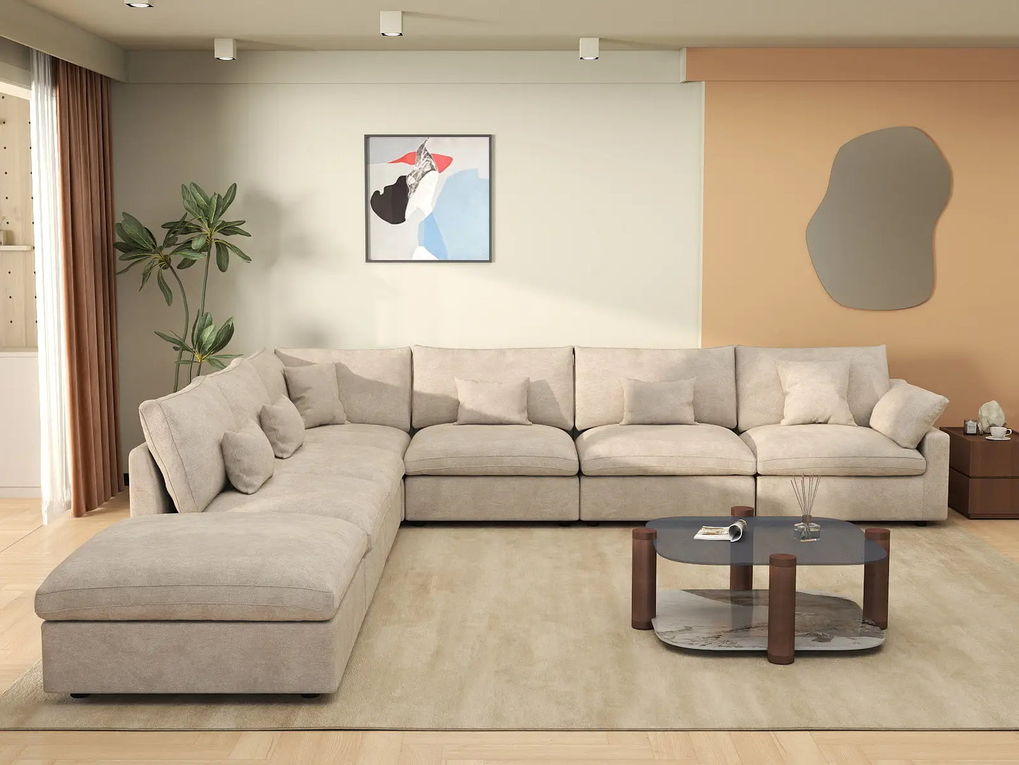 Deluxe Cloud 6-Seater Khaki Large Space Pit Sectional | 7-Piece (Includes 1 Ottoman), Chenille And Linen Fabric, Easy To Clean