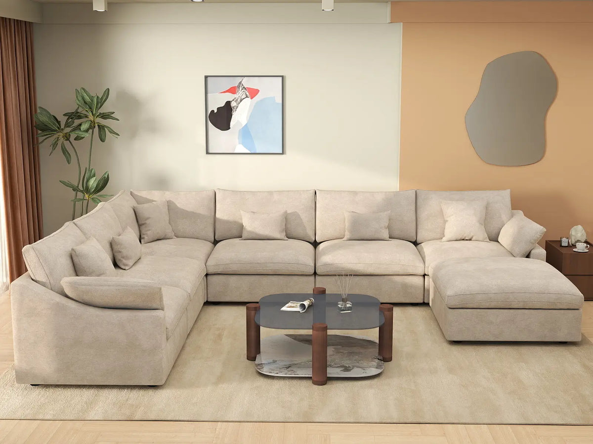 Deluxe Cloud 6-Seater Khaki Large Space Pit Sectional | 7-Piece (Includes 1 Ottoman), Chenille And Linen Fabric, Easy To Clean
