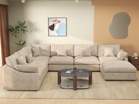 Deluxe Cloud 6-Seater Khaki Large Space Pit Sectional | 7-Piece (Includes 1 Ottoman), Chenille And Linen Fabric, Easy To Clean