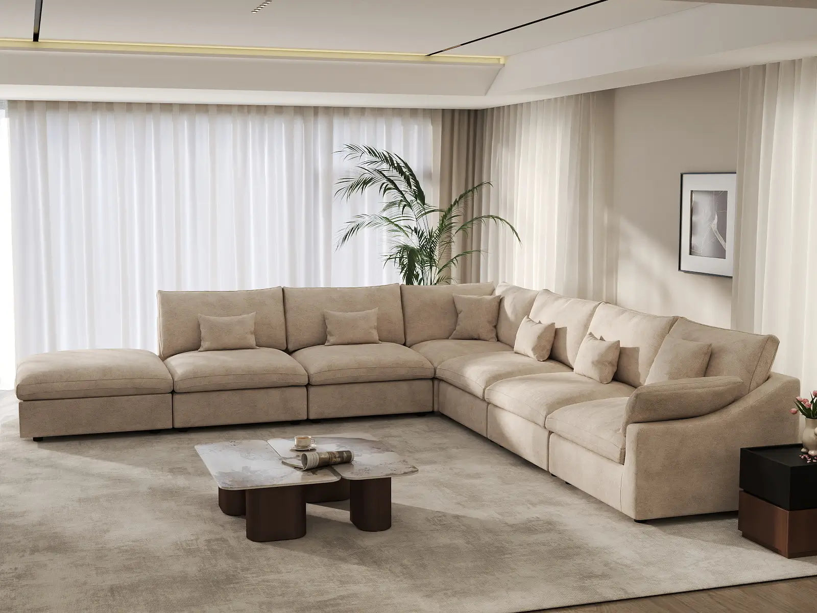 Deluxe Cloud 6-Seater Khaki Large Space Pit Sectional | 7-Piece (Includes 1 Ottoman), Chenille And Linen Fabric, Easy To Clean