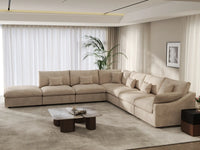 Deluxe Cloud 6-Seater Khaki Large Space Pit Sectional | 7-Piece (Includes 1 Ottoman), Chenille And Linen Fabric, Easy To Clean