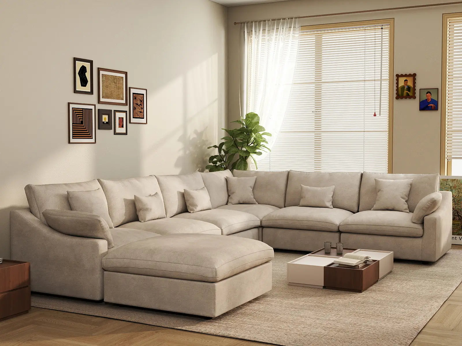 Deluxe Cloud 6-Seater Khaki Large Space Pit Sectional | 7-Piece (Includes 1 Ottoman), Chenille And Linen Fabric, Easy To Clean
