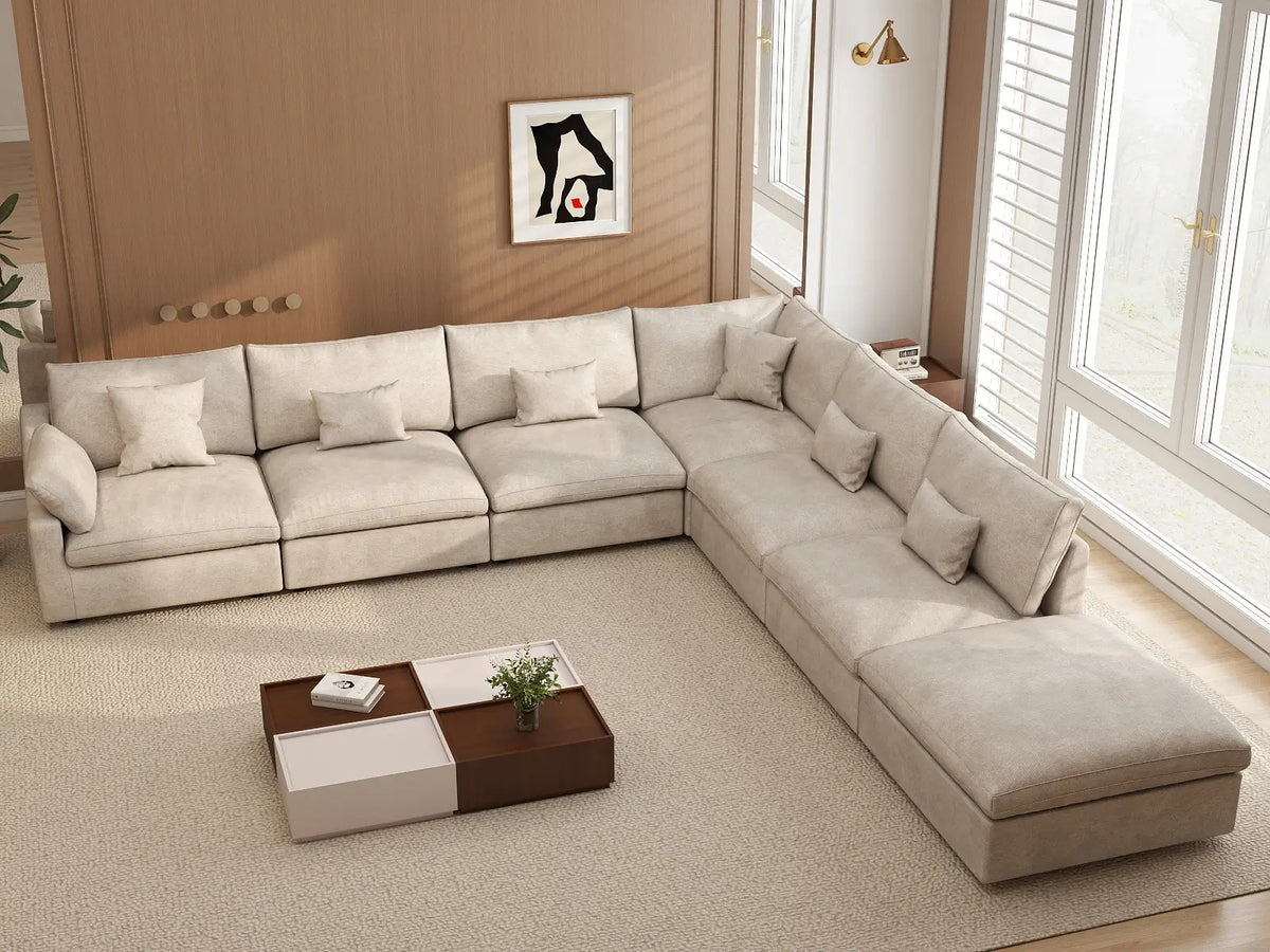 Deluxe Cloud 6-Seater Khaki Large Space Pit Sectional | 7-Piece (Includes 1 Ottoman), Chenille And Linen Fabric, Easy To Clean