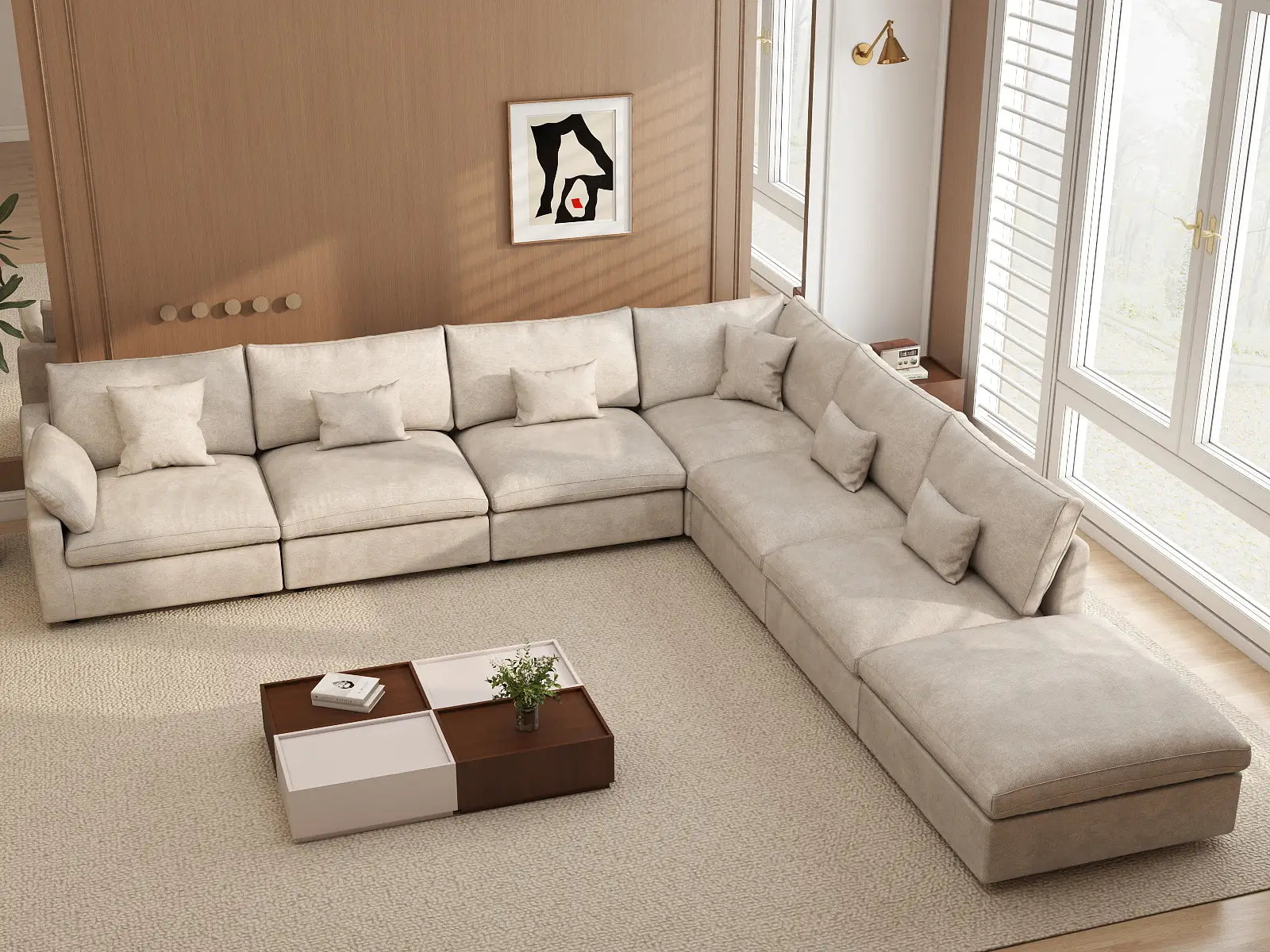 Deluxe Cloud 6-Seater Khaki Large Space Pit Sectional | 7-Piece (Includes 1 Ottoman), Chenille And Linen Fabric, Easy To Clean