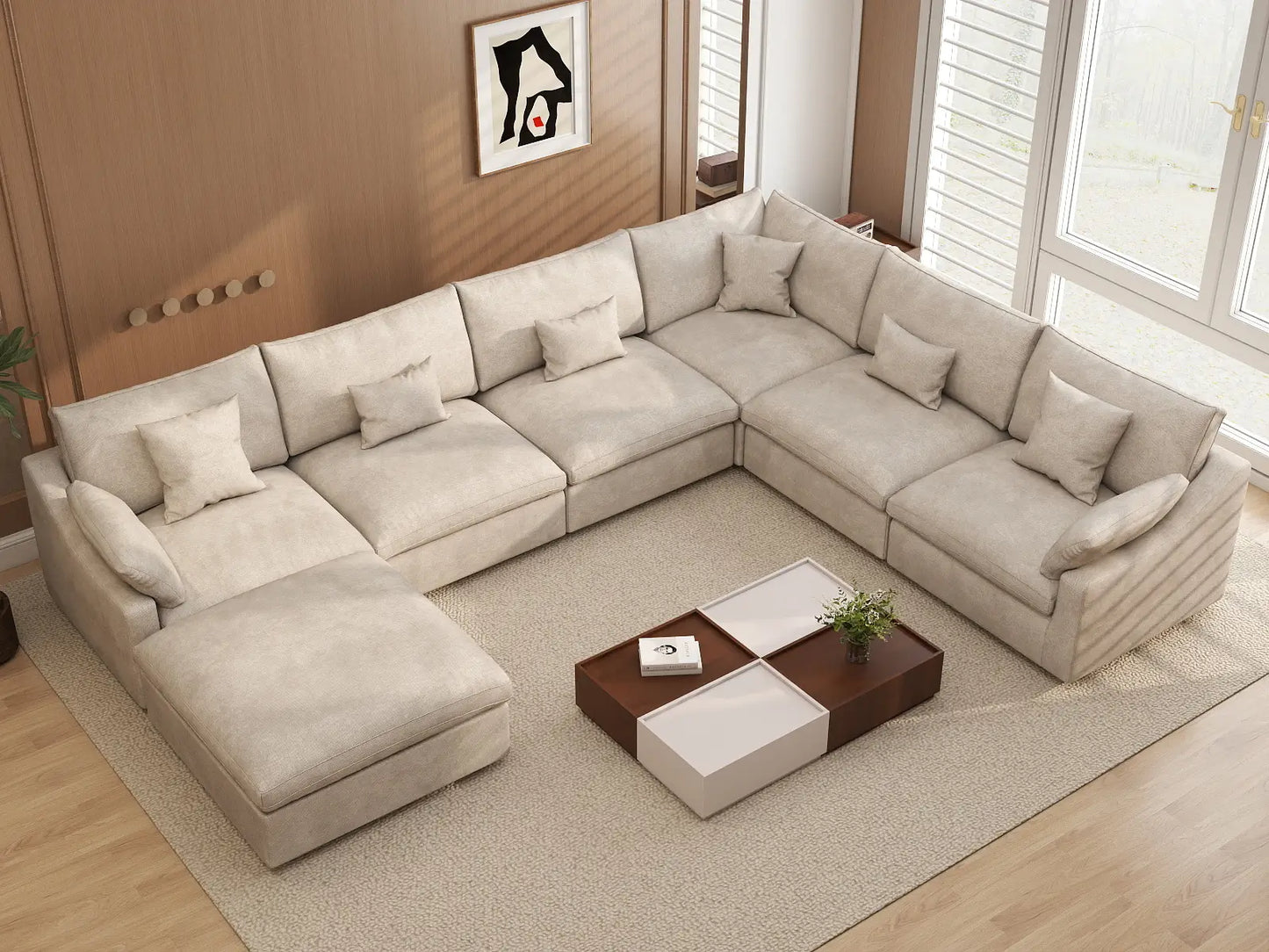 Deluxe Cloud 6-Seater Khaki Large Space Pit Sectional | 7-Piece (Includes 1 Ottoman), Chenille And Linen Fabric, Easy To Clean