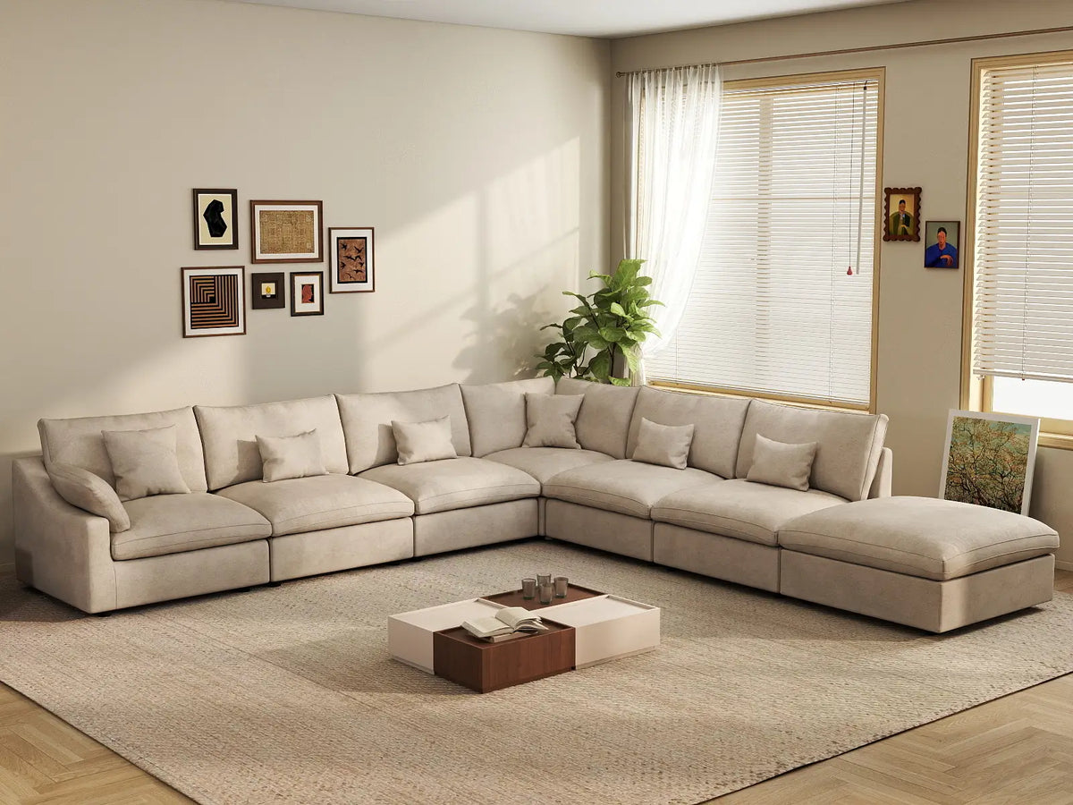 Deluxe Cloud 6-Seater Khaki Large Space Pit Sectional | 7-Piece (Includes 1 Ottoman), Chenille And Linen Fabric, Easy To Clean