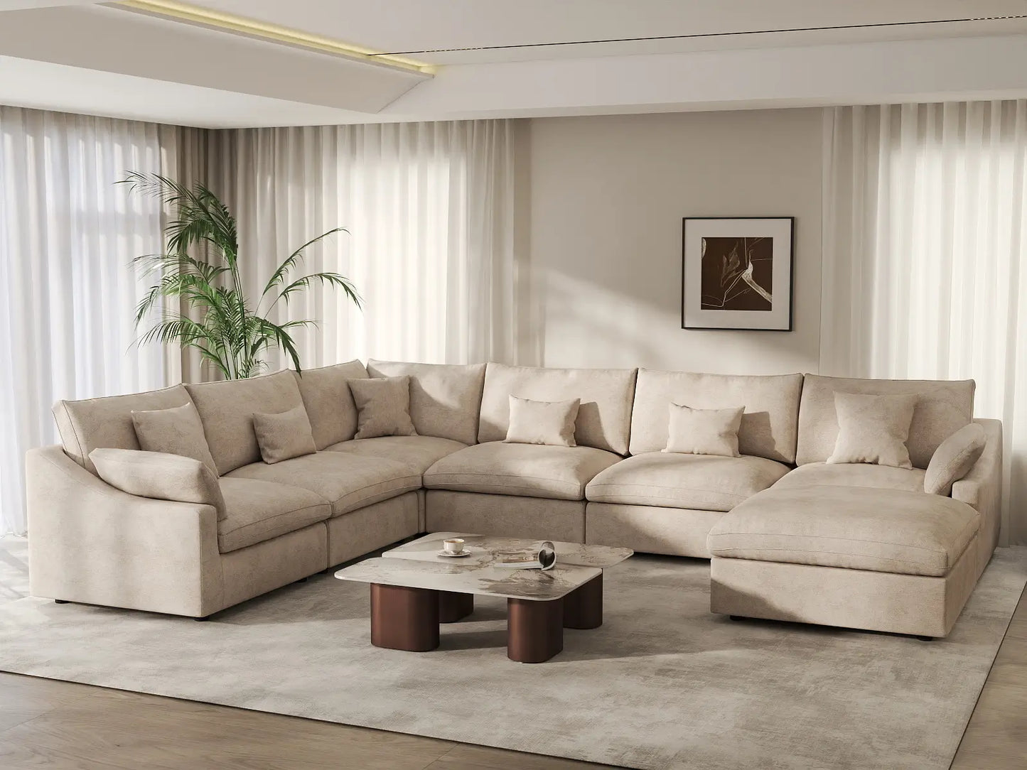 Deluxe Cloud 6-Seater Khaki Large Space Pit Sectional | 7-Piece (Includes 1 Ottoman), Chenille And Linen Fabric, Easy To Clean