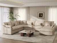 Deluxe Cloud 6-Seater Khaki Large Space Pit Sectional | 7-Piece (Includes 1 Ottoman), Chenille And Linen Fabric, Easy To Clean