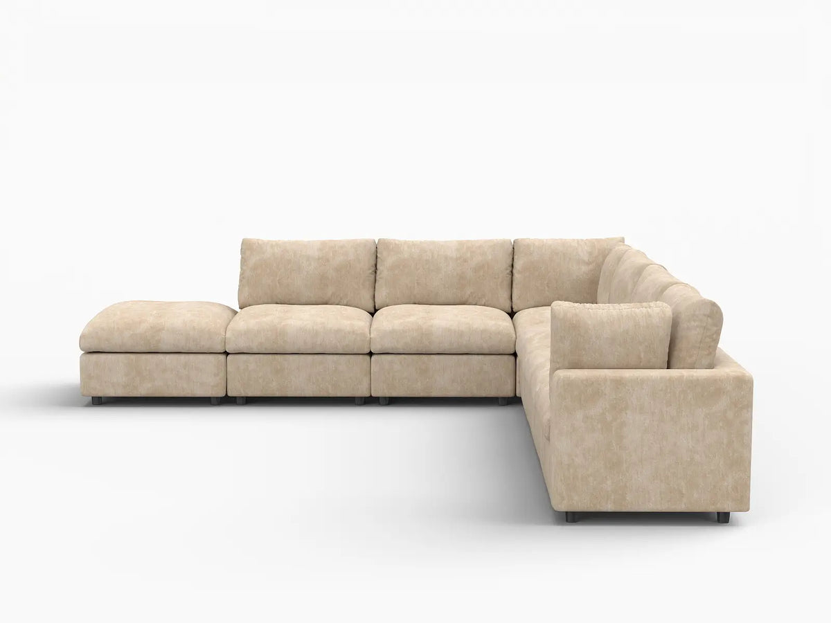 Deluxe Cloud 6-Seater Khaki Large Space V-Shaped Sectional | 7-Piece (Includes 1 Ottoman), Linen-Blend Chenille Fabric, Easy To Clean