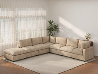 Deluxe Cloud 6-Seater Khaki Large Space V-Shaped Sectional | 7-Piece (Includes 1 Ottoman), Linen-Blend Chenille Fabric, Easy To Clean