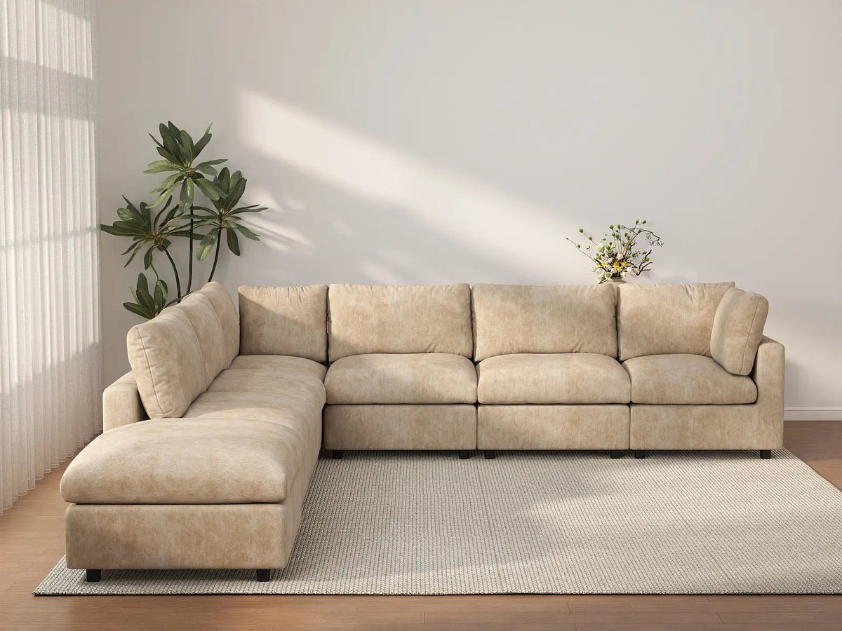 Deluxe Cloud 6-Seater Khaki Large Space V-Shaped Sectional | 7-Piece (Includes 1 Ottoman), Linen-Blend Chenille Fabric, Easy To Clean