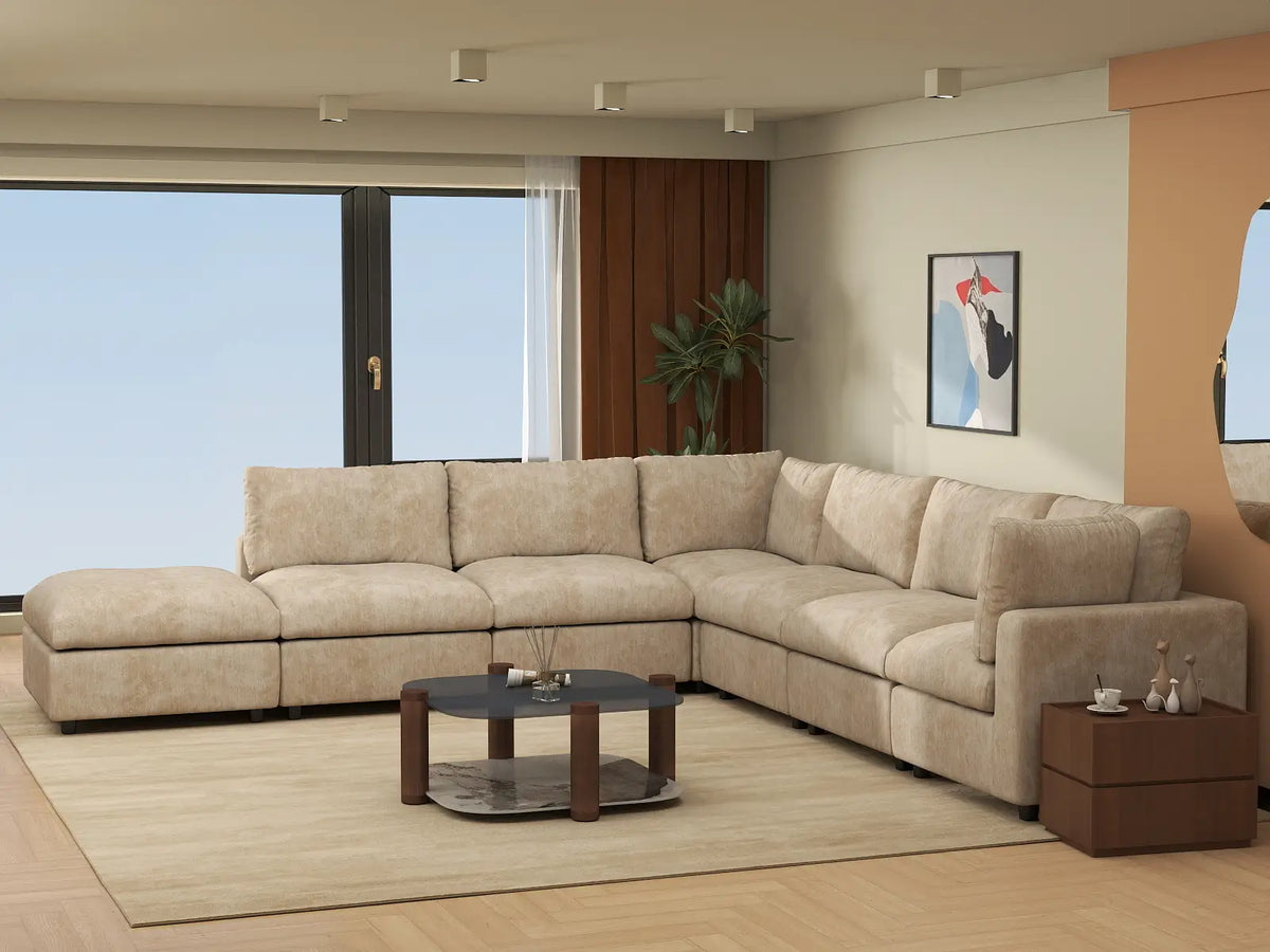Deluxe Cloud 6-Seater Khaki Large Space V-Shaped Sectional | 7-Piece (Includes 1 Ottoman), Linen-Blend Chenille Fabric, Easy To Clean