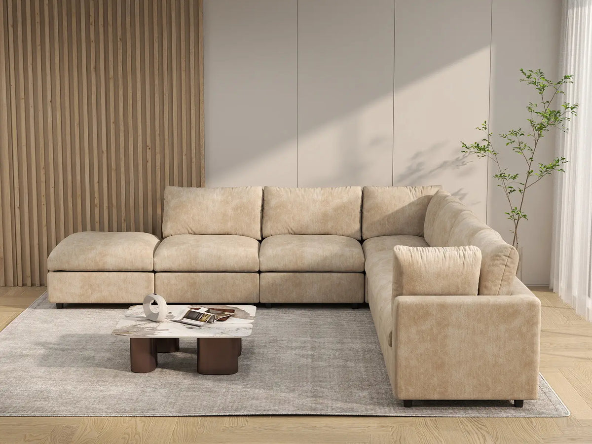 Deluxe Cloud 6-Seater Khaki Large Space V-Shaped Sectional | 7-Piece (Includes 1 Ottoman), Linen-Blend Chenille Fabric, Easy To Clean