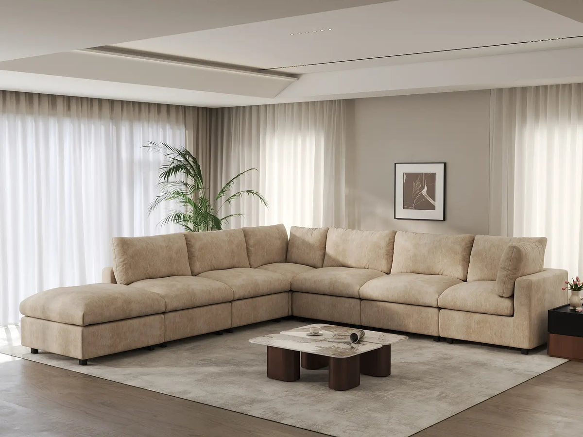 Deluxe Cloud 6-Seater Khaki Large Space V-Shaped Sectional | 7-Piece (Includes 1 Ottoman), Linen-Blend Chenille Fabric, Easy To Clean