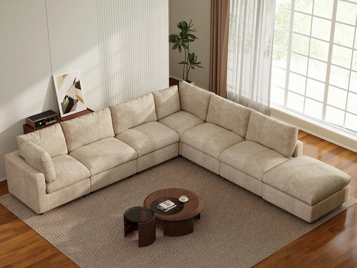 Deluxe Cloud 6-Seater Khaki Large Space V-Shaped Sectional | 7-Piece (Includes 1 Ottoman), Linen-Blend Chenille Fabric, Easy To Clean