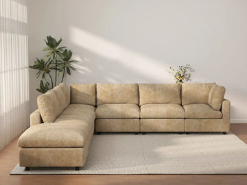 Deluxe Cloud 6-Seater Khaki Large Space V-Shaped Sectional | 7-Piece (Includes 1 Ottoman), Linen-Blend Chenille Fabric, Easy To Clean