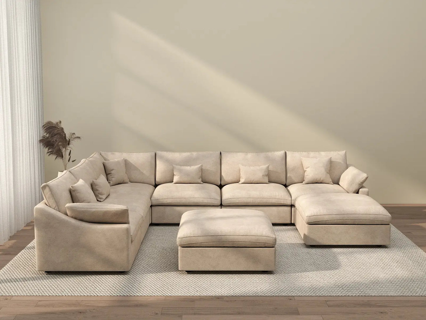Deluxe Cloud 6-Seater Khaki Open Space Pit Sectional | 8-Piece (Includes 2 Ottomans), Chenille And Linen Fabric, Easy To Clean