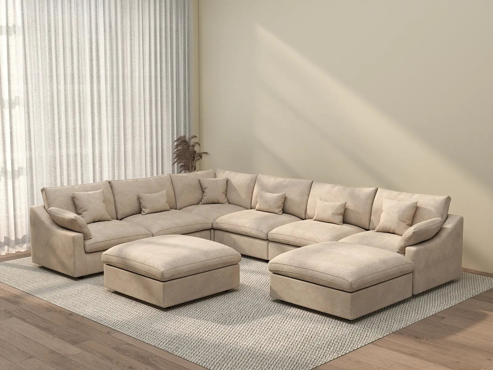 Deluxe Cloud 6-Seater Khaki Open Space Pit Sectional | 8-Piece (Includes 2 Ottomans), Chenille And Linen Fabric, Easy To Clean