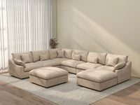 Deluxe Cloud 6-Seater Khaki Open Space Pit Sectional | 8-Piece (Includes 2 Ottomans), Chenille And Linen Fabric, Easy To Clean